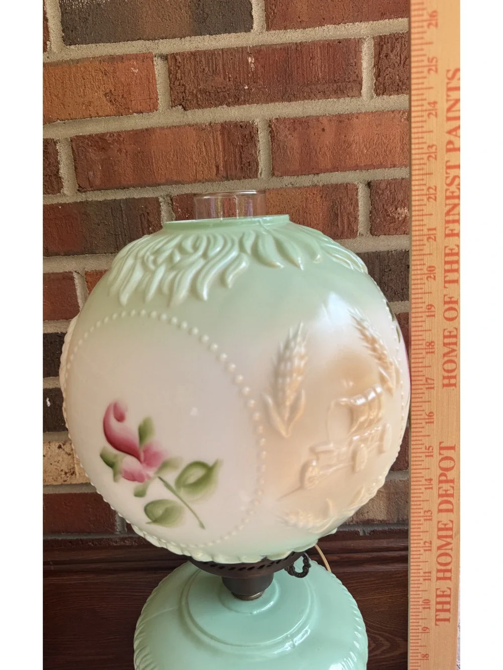 Vintage Hand-Painted Glass Hurricane Lamp with Floral and Wagon Motifs